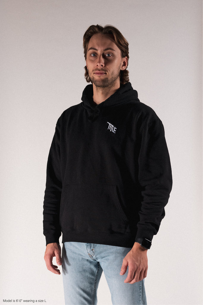 Black French Terry Knit, organic cotton, hoodie with white Title MTB Logo on chest