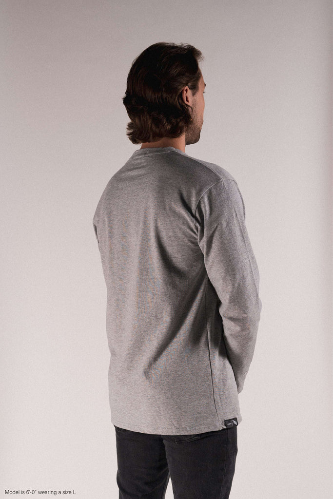 Grey Long Sleeve Shirt behind view shown on person Title MTB 