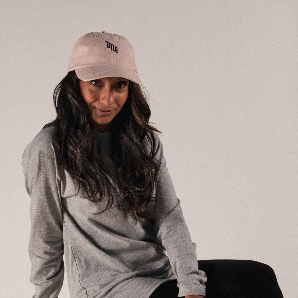 Title MTB Pink Dad Hat - shown on female model 