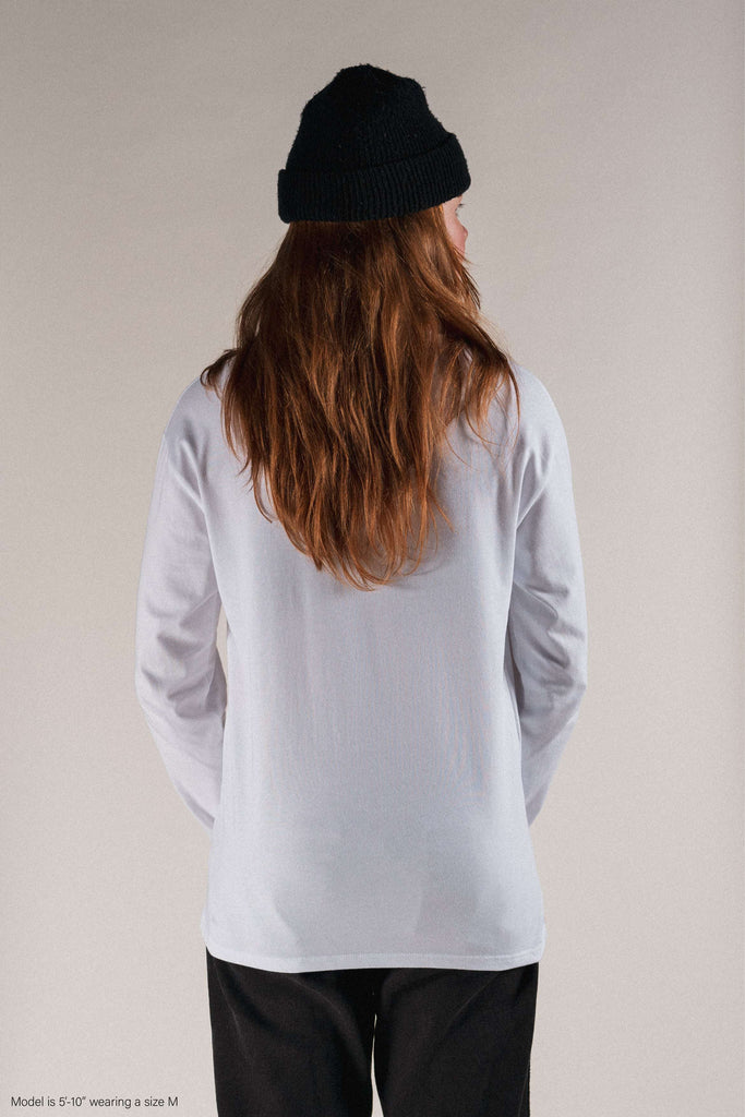 Title MTB Long Sleeve Shirt - White with black logo shown on girl 